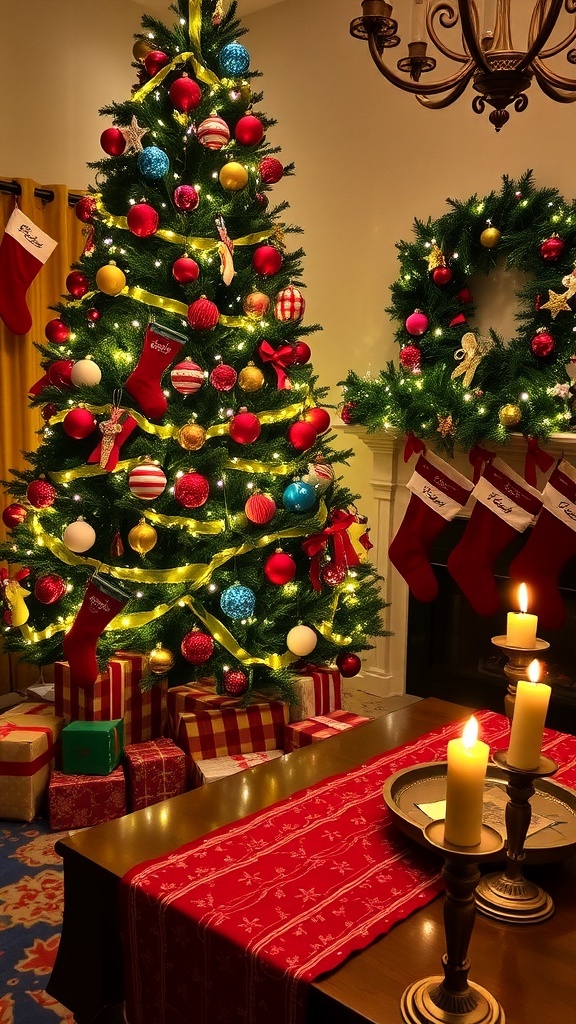 A festive Christmas scene featuring a decorated tree, stockings on the fireplace, and a holiday table setting.
